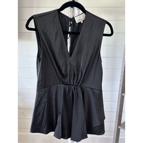 3.1 PHILLIP LIM V-Neck Satin Sleeveless Peplum Tank Womens 2 Black‎ - Picture 1 of 7
